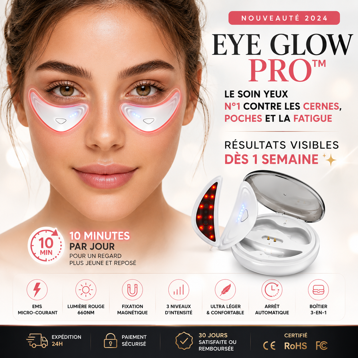EYE GLOW PRO™, Masseur Yeux Anti-Cernes Lumiere Rouge et EMS