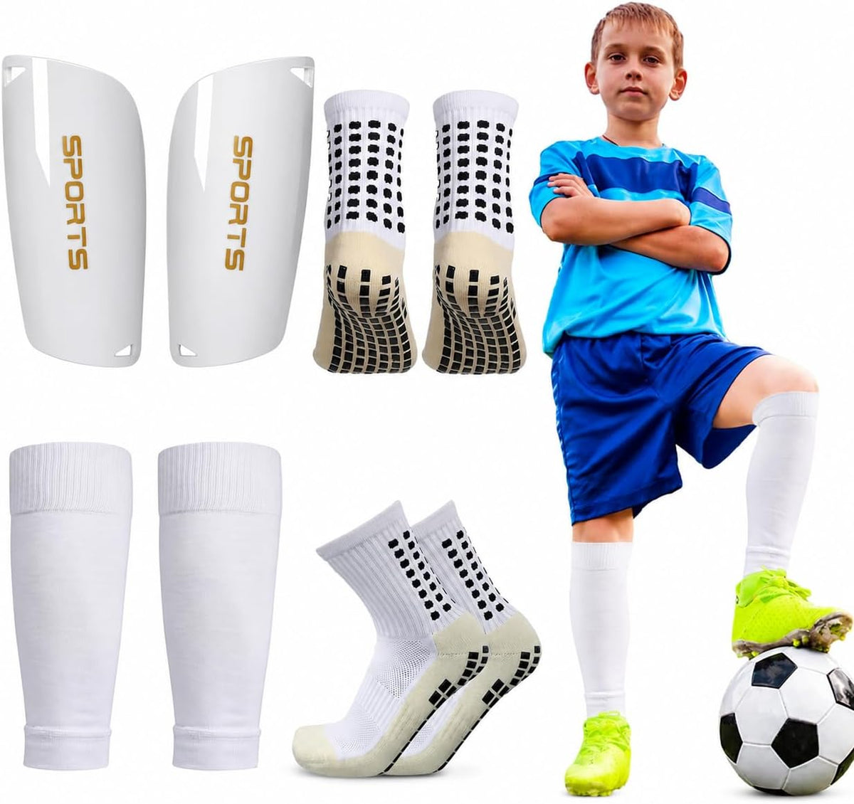 MATCHGRIP PRO™ — Pack Football 5-en-1 : Chaussettes Grip, Protège-Tibias, Manchons, Strap & Sac