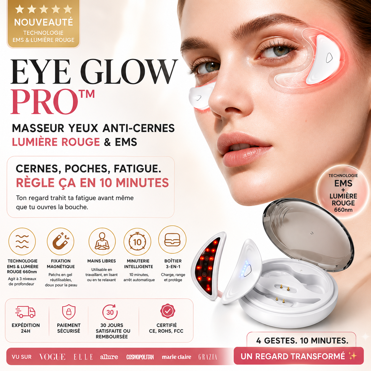 EYE GLOW PRO™, Masseur Yeux Anti-Cernes Lumiere Rouge et EMS