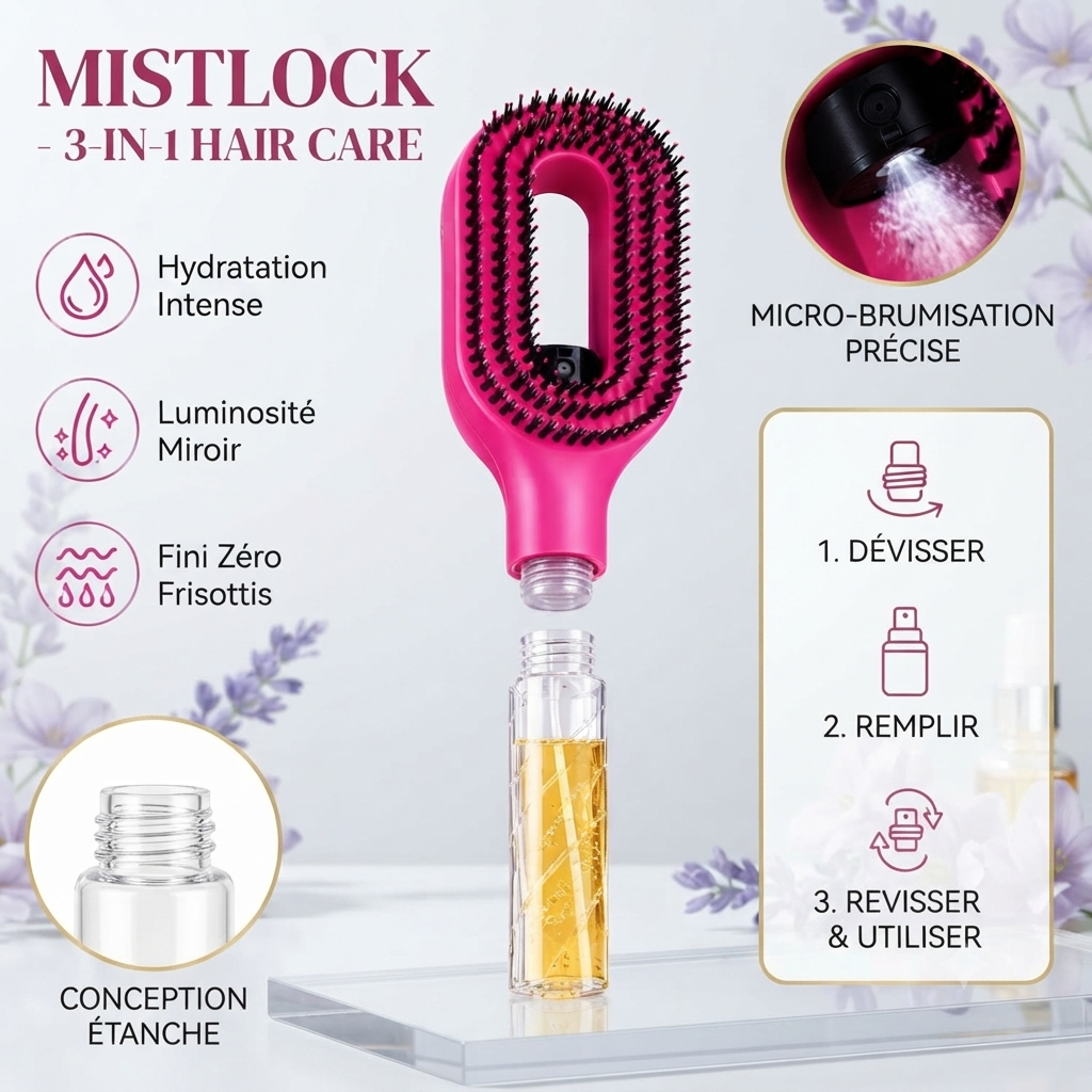 Brosse MISTLOCK avec réservoir vaporisateur intégré 50 ml et picots double longueur